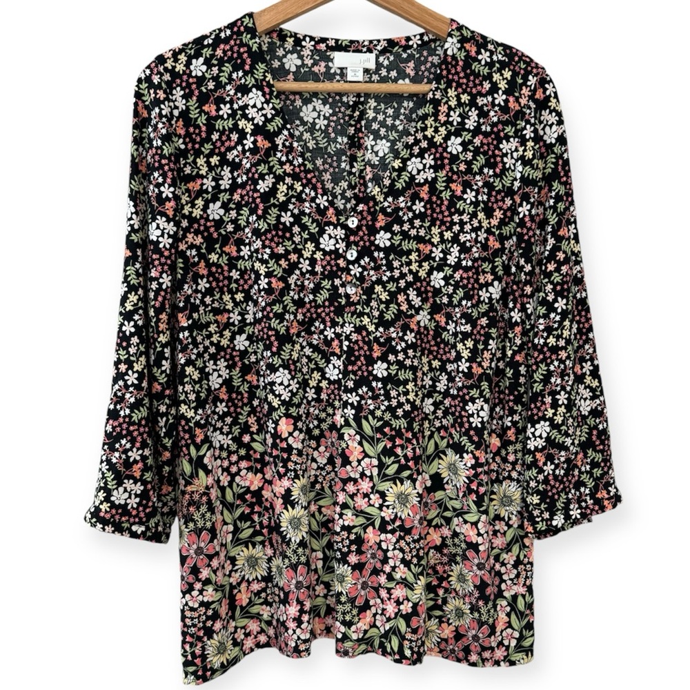 J. Jill Ditzy Floral Long Sleeve V-Neck Top Medium Petite